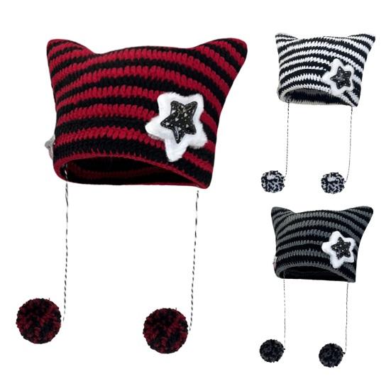 Japanese Style Cat Ear Beanie Hat Star Striped Print Knitting Hat Autumn Winter Plush Ball Pendant Warm Hat