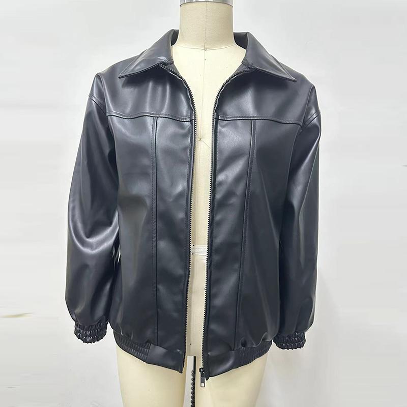 Женская кожаная куртка с длинным рукавом, лацканами, молнией, боковыми карманами, повседневное пальто