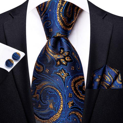 Paisley Mens Blue Tie Set Silk Woven Necktie Handkerchief Cufflinks Wedding Gift