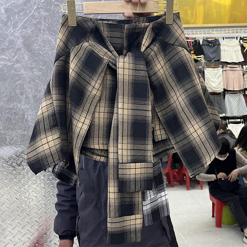 Стильная женская клетчатая юбка миди 2025: Завязки, Неровный подол, Высокая талия, Приталенный дизайн