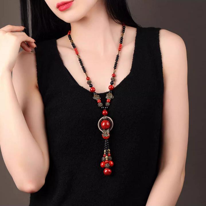 GEMCHIC Женское винтажное длинное колье-свитер в этническом стиле с красными бусинами и подвеской-рыбкой из сплава Китайские классические украшения