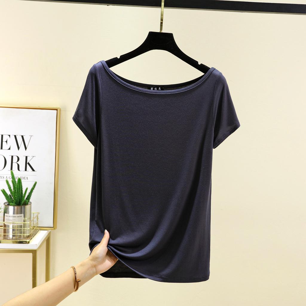 Модал с короткими рукавами и открытой спиной Футболки женские лодочки с открытыми плечами Футболка Однотонный цвет Свободный базовый слой Топ Большие размеры простые Майки