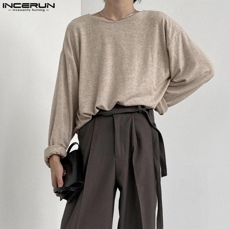 INCERUN Men Round Neck Long Sleeve Solid Color Comfy Thin Tops T-shirts