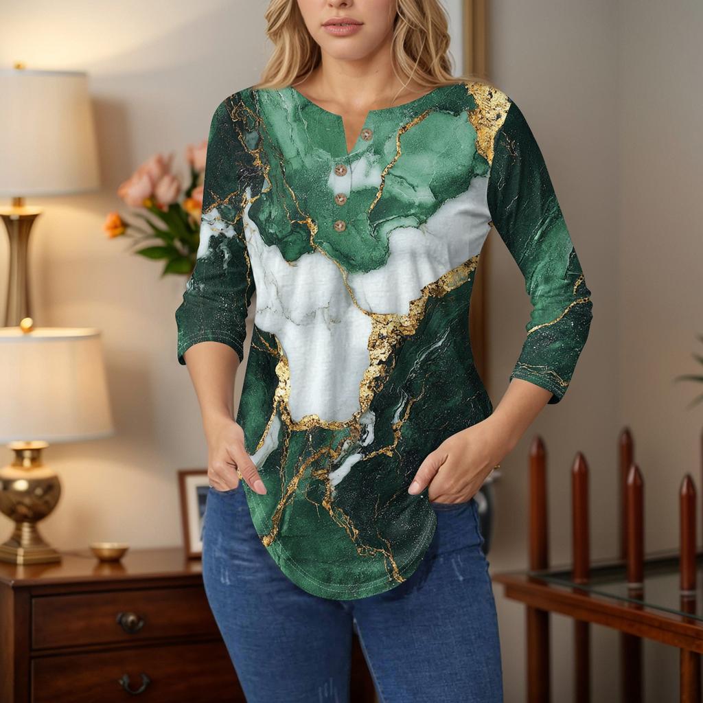 3/4 Length Sleeve Womens Tops Summer T-Shirts Floral Print V Neck Casual Basic Tee Button Shirts Tunic Tops