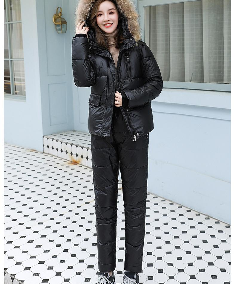 Женское зимнее короткое глянцевое ветрозащитное водонепроницаемое пальто с капюшоном, костюм из двух предметов, куртка-пуховик, парки с хлопковой подкладкой, теплая верхняя одежда