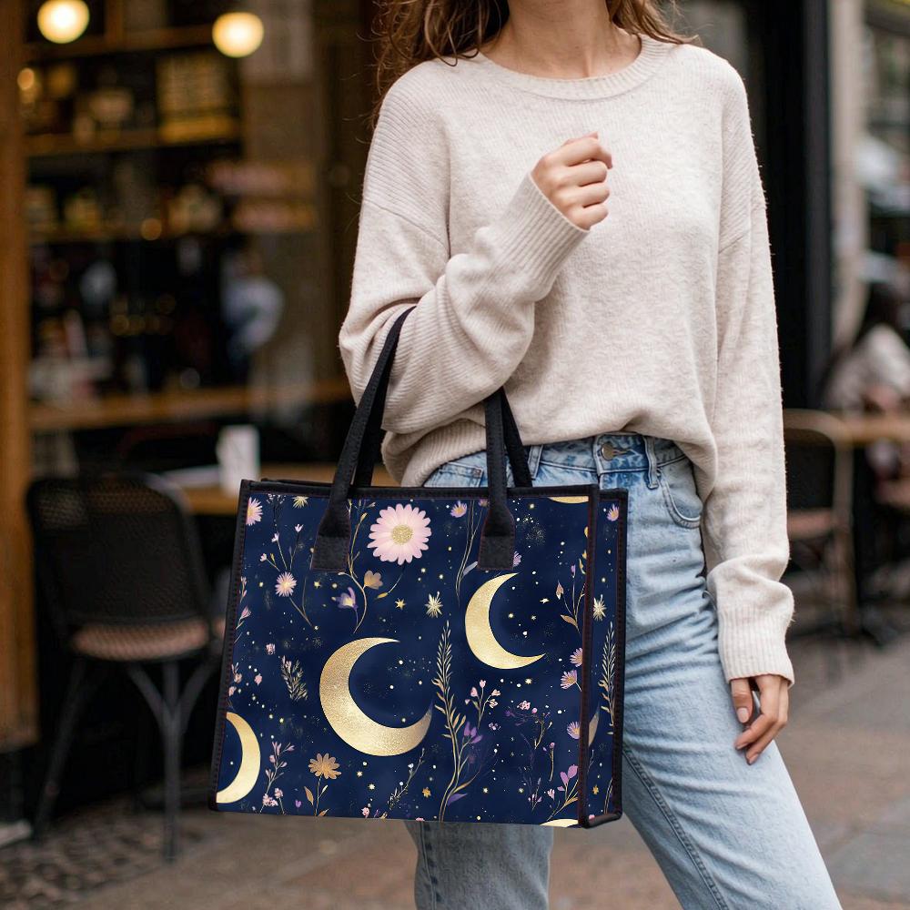 Moon Floral Print Women Casual Tote Bag Fashionable Daily Shopping Handbag