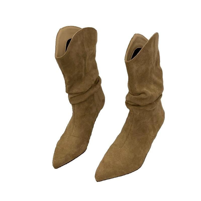 Fashion 2024 Spring and Autumn New Matte Leather Pointed Solid Color Fashion Versatile Comfortable Women's Mid Top Boots Single Boot