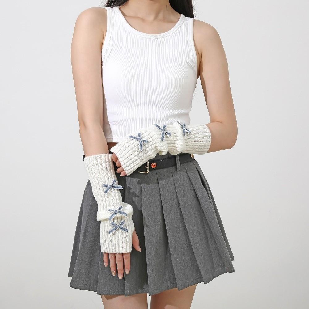 Y2K Bow Fingerless Gloves Thicken Hands Free Gloves Fashion Long Knit Arm Warmers Autumn