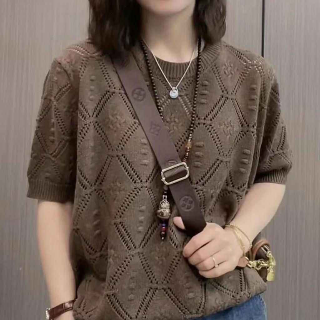 Французский ажурный летний тонкий вязаный свитер с короткими рукавами, женский модный свободный топ с круглым вырезом в западном стиле, уменьшающий возраст