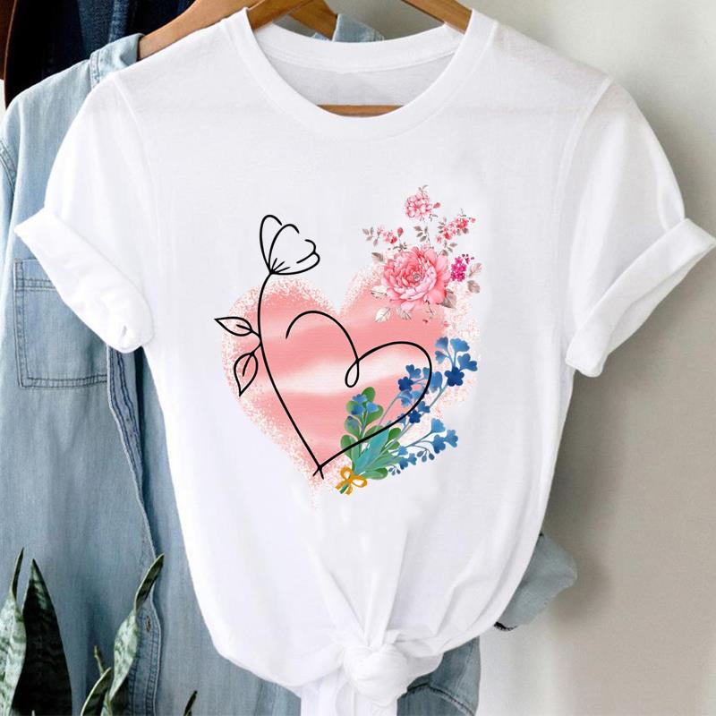 (Asian Size) Flower Love Heart Short Sleeve T Shirt Women Tee Top Clothing Casual Fashion Print Lady Female Graphic T-shirts