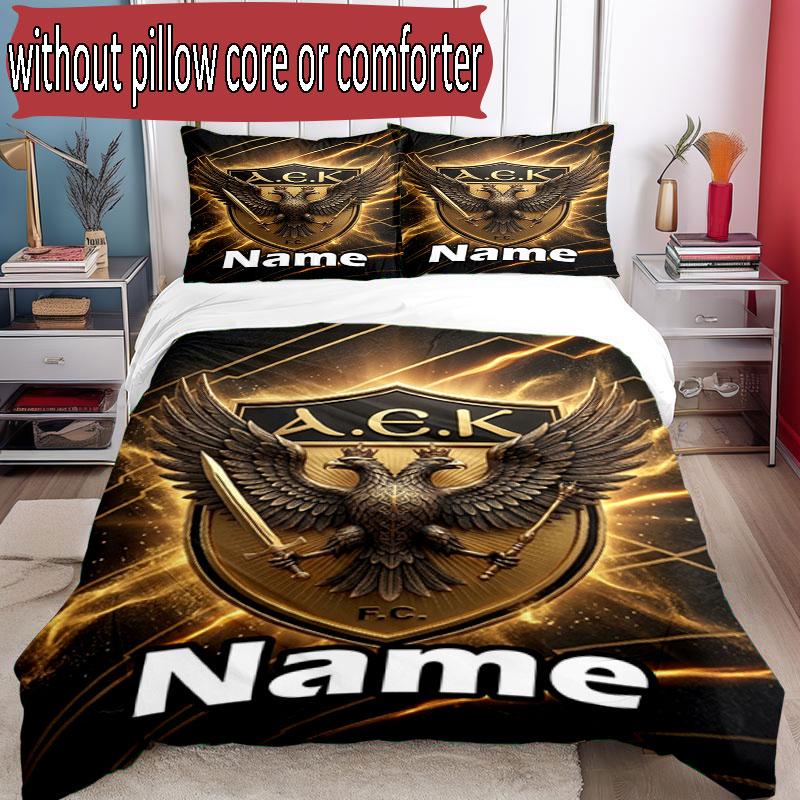 3pcs Duvet Cover Set (1*Duvet Cover + 2*Pillowcase, Without Core), Custom Name AEK Athens FC Pattern Bedding Set, Home Bedroom Decor Gift