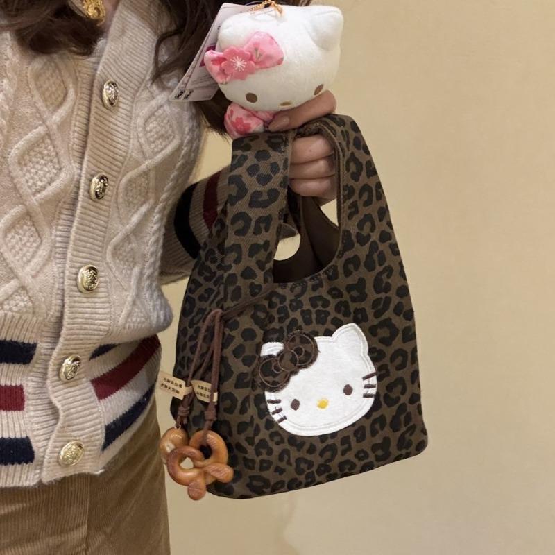 Милая сумка-тоут Hello Kitty с леопардовым принтом, персонализированная, универсальная, портативная, высокая ценность, мультяшный мешок для хранения, холщовая сумка