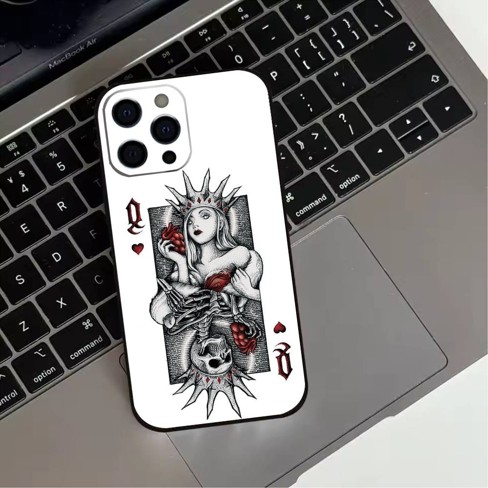 Queen of Hearts Playing Card Phone Case For iPhone 17,16,15,14,13,12,11 Plus,Pro Max,XS,Soft Silicone Black Cover
