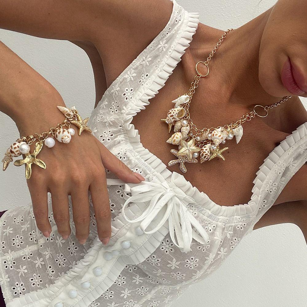 Bohemian Shell Starfish Waist Chain Imitation Pearl Bikini Body Chain  Dress Accessories
