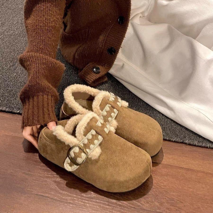 Платформа хлопковые туфли женские теплые ретро коричневый вельвет зимние педальные пушистые туфли красивые Birkenstock