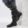 2025 осень и зима женские в иностранном стиле высокие голенища плиссированные сапоги до колена толстый каблук ретро квадратный носок сапоги-рукава ковбойские сапоги сапоги-рыцари