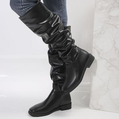 2025 осень и зима женские в иностранном стиле высокие голенища плиссированные сапоги до колена толстый каблук ретро квадратный носок сапоги-рукава ковбойские сапоги сапоги-рыцари