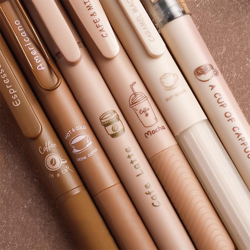 6pcs Coffee Time Gel Pens Highlighter Set 0.5mm Ballpoint Black Color Ink Marker for Writing