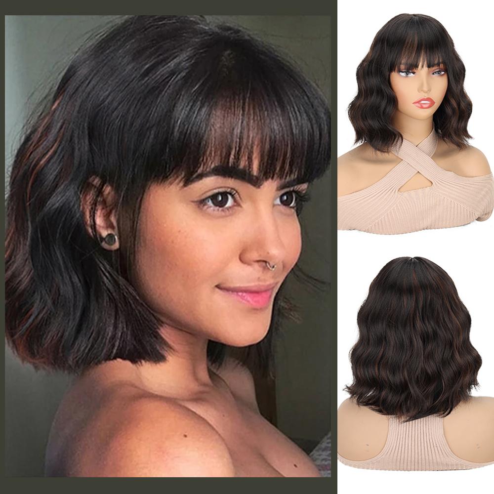 Synthetic Wavy Wig With Bangs Shoulder Length Wigs With Natural Wavy Heat Resistant Fiber Wig For Women Daily Use