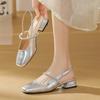 Модные женские сандалии из лакированной кожи с кристальным ремешком, с квадратным носком, на низком каблуке, летние мюли для офиса, женская обувь, серебристые с блестками, массивные сандалии