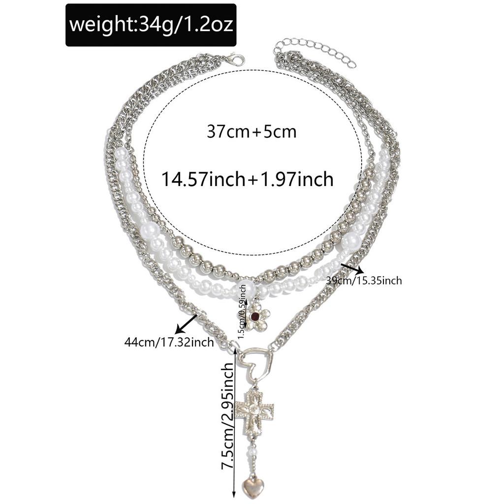 Vintage Heart Cross Pendant Necklace With Alloy Charm And Layered Floral Accents For Fashion