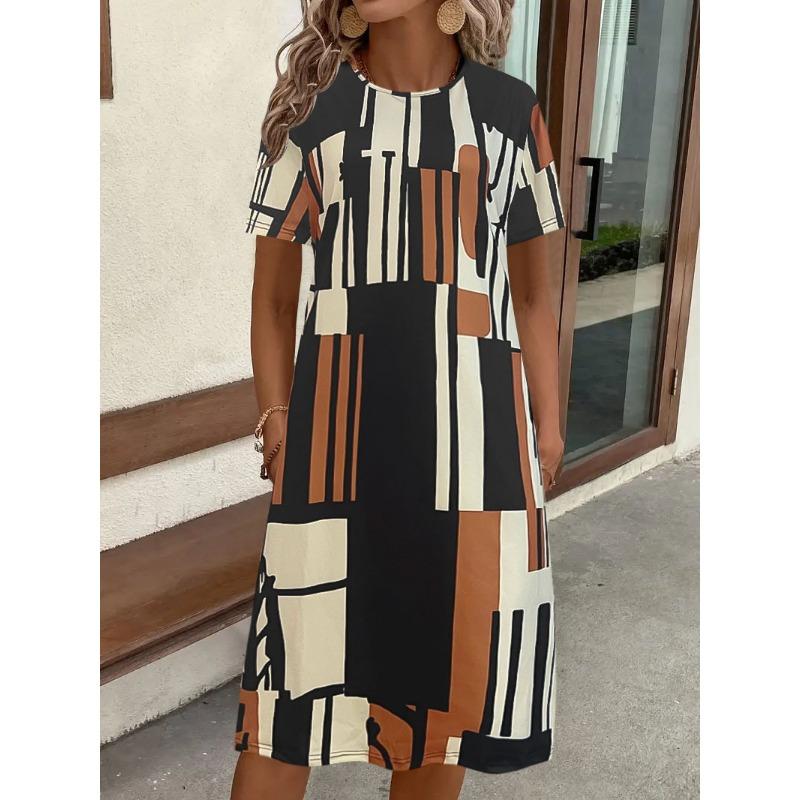 Женское платье с принтом, элегантное модное летнее платье свободного кроя с круглым вырезом и короткими рукавами
