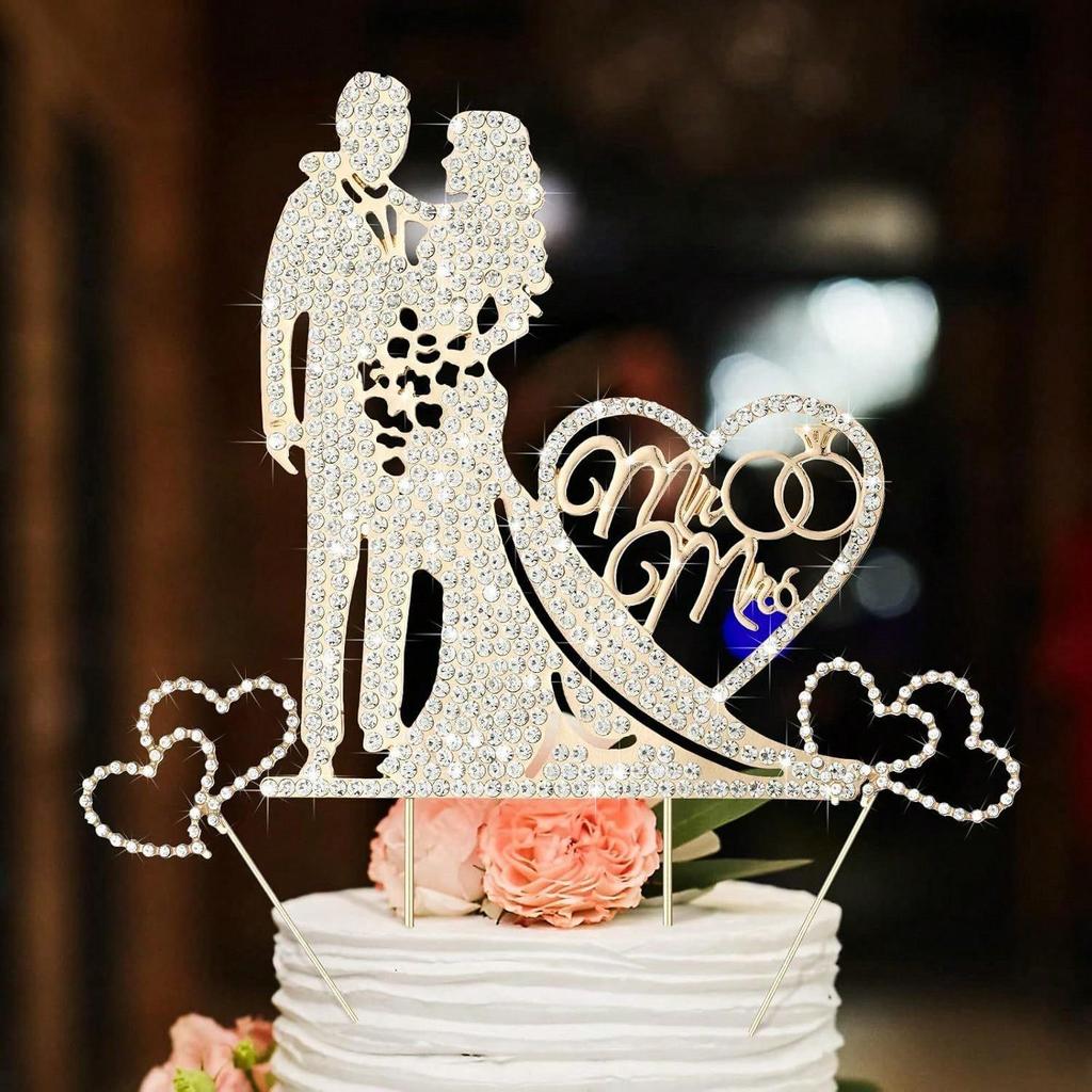 3 шт. в упаковке, топперы для торта Mr and Mrs, стразы, металл, любовь, свадебный топпер, украшение для торта на годовщину, золото