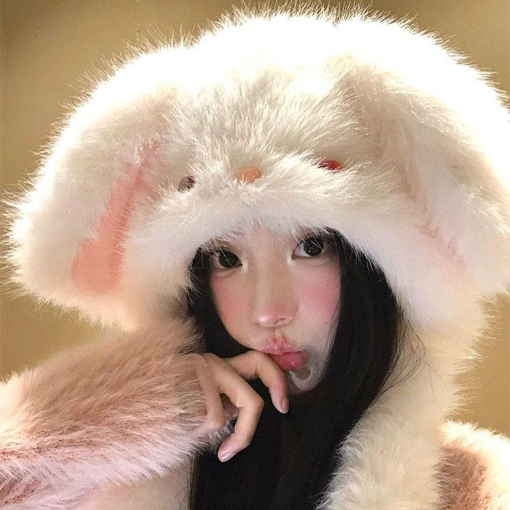 Anti-cold Winter Plush Hat Windproof Fluffy Ear Protection Cap Cute Rabbit Ears Warmer Hat Autumn