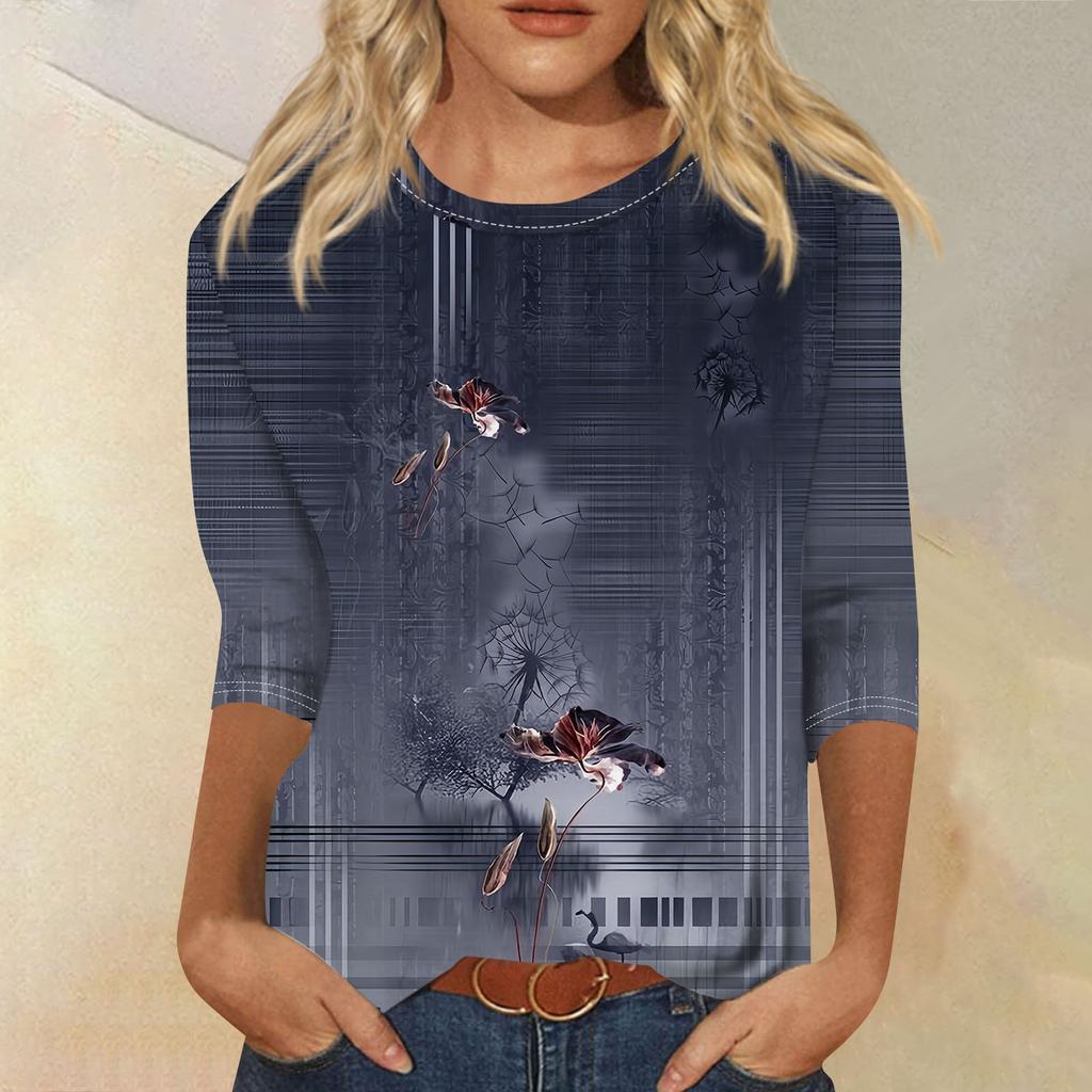 Женская мода, свободная рубашка с круглым вырезом и рукавом семь четвертей, винтажная повседневная футболка с цветочным принтом, топ