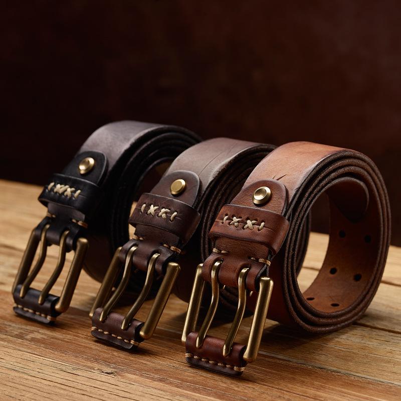 Retro Trend Personalized Double Copper Buckle Belt Men's Genuine Leather Handmade First Layer Cowhide Men's Jeans Belt