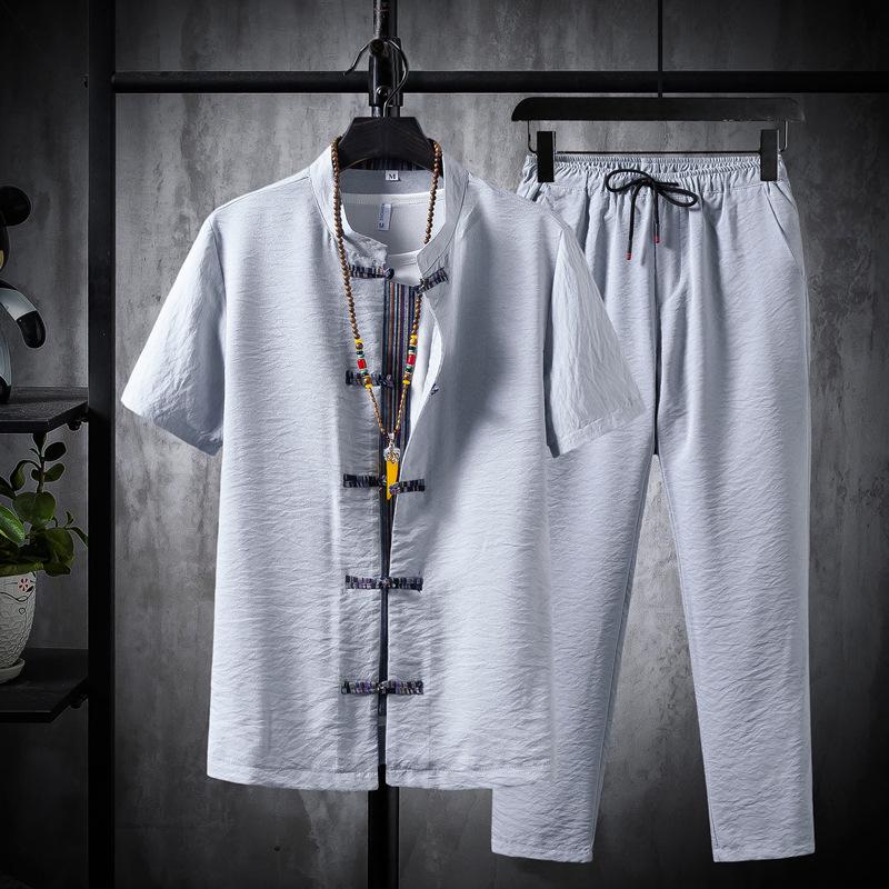 Ice Silk Summer Men's Cotton Linen T-Shirt & Long Pants Set - Casual Solid Color, Plus Size Available