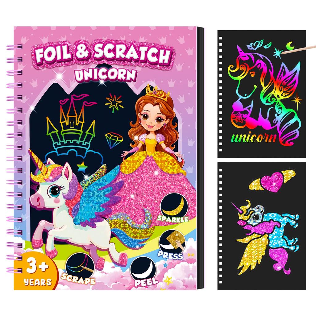 Mermaid Foil Fun Sticker Book and Scratch Art Paper for Kids, DIY Art & Craft Activity Kit for Girls, No Mess Travel Toys