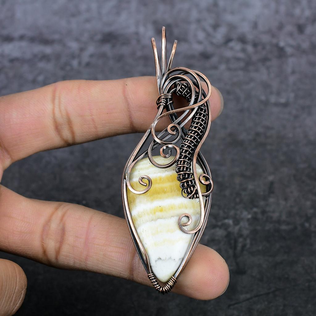Natural Yellow Septarian Copper Wire Wrap Gift Jewelry Pendant 3.55" H1l40