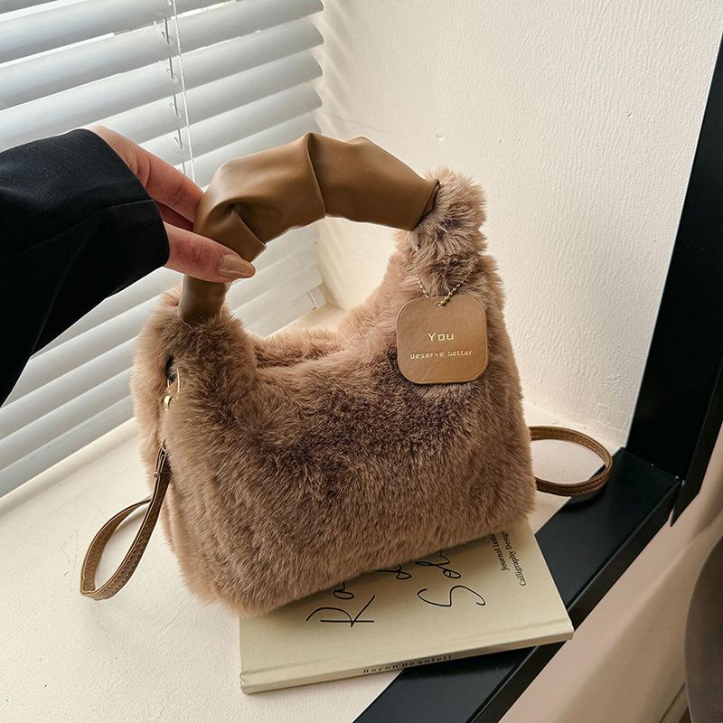 Yogodlns Women Faux Fur Plush Handbags Ruched Handle Small Lady Shoulder Crossbody Bag Casual Half-Moon Hobos Winter Bags for Women