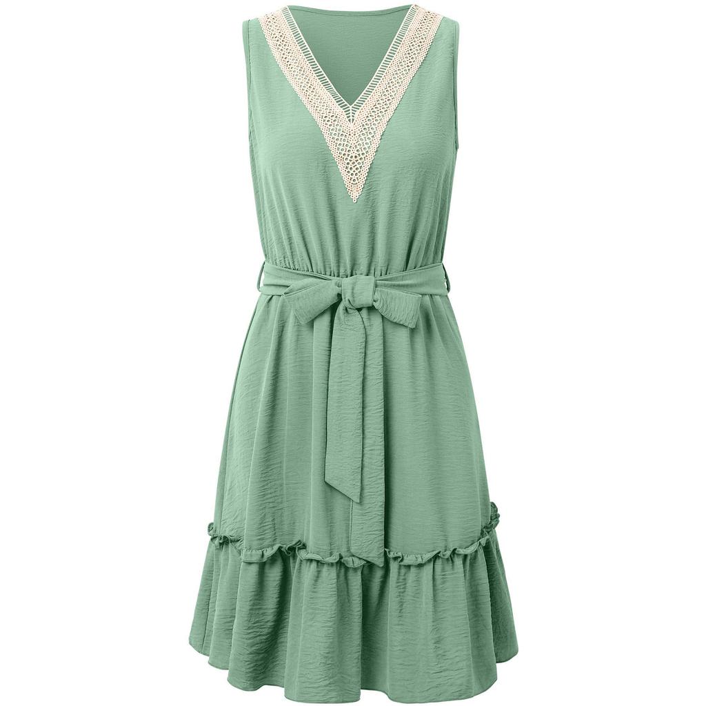 Женское весеннее однотонное кружевное платье без рукавов с V-образным вырезом, летнее повседневное платье А-силуэта с высокой талией и поясом выше колена, короткие платья S-XL