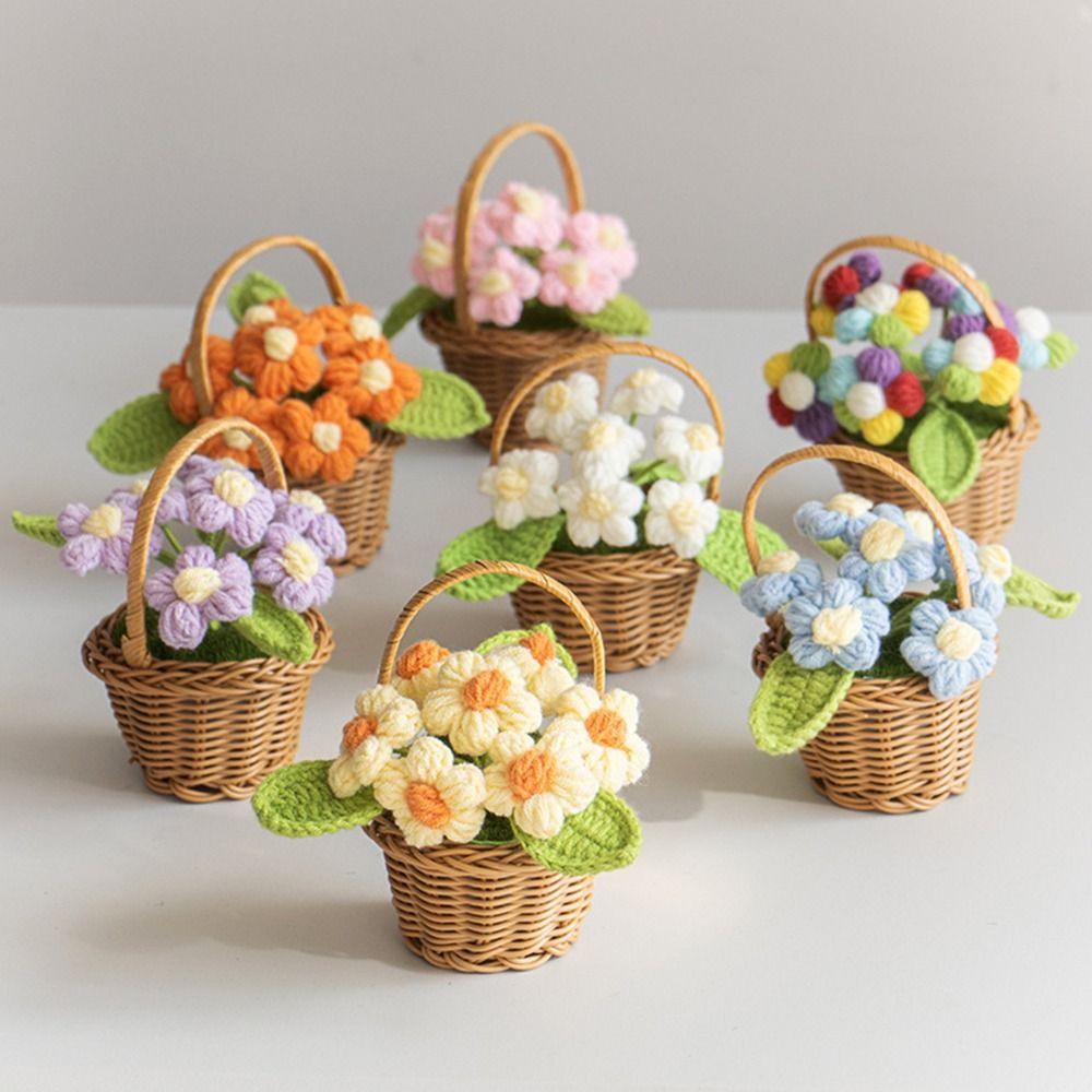 Handmade Crochet Flower Pot Small Puff Flower Potted Ornament Eternal Rose Decoration Table Decor