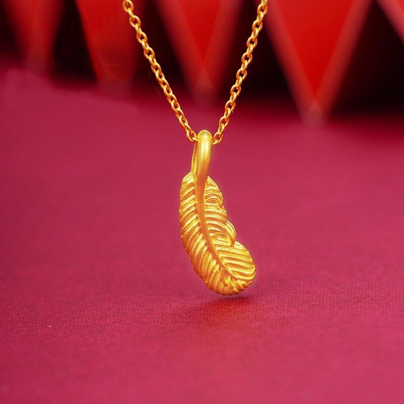 Ожерелье с подвеской из желтого золота 999 24 карата, простой мини-кулон с перьями, настоящая золотая цепочка 18 карат для женщин, ювелирные изделия в подарок