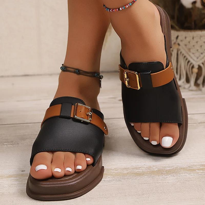 Модные шлепанцы на платформе из искусственной кожи, женские летние модные сандалии с пряжкой на толстой подошве, женские 2025, с квадратным носком, на среднем каблуке, Sandalias Mujer