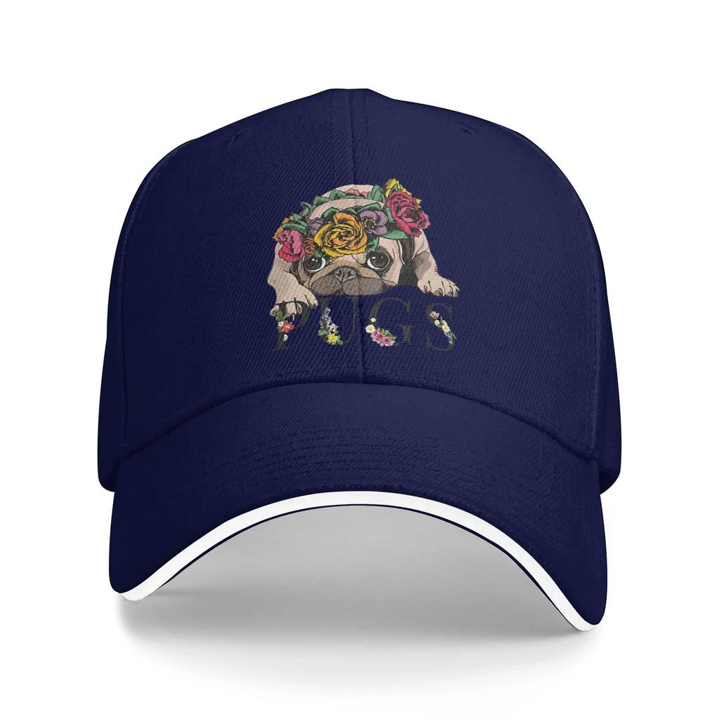 Floral Pug Baseball Cap Outdoor Gym Sun Trucker Hat Women Unisex Stylish Design Snapback Cap
