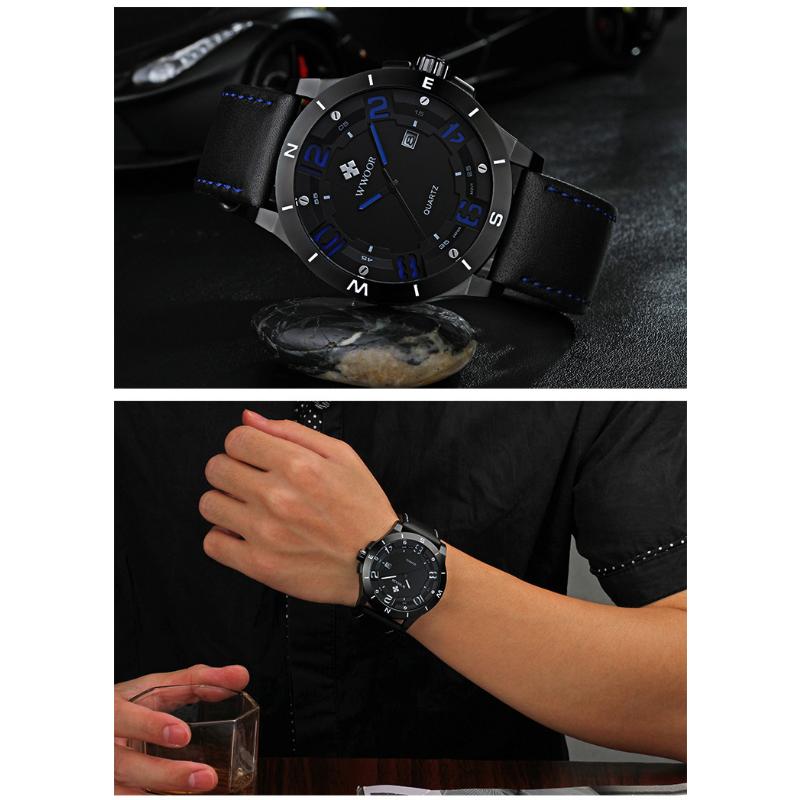 WWOOR Спортивные мужские часы с кожаным ремешком Матовый черный корпус с календарем Водонепроницаемые кварцевые часы