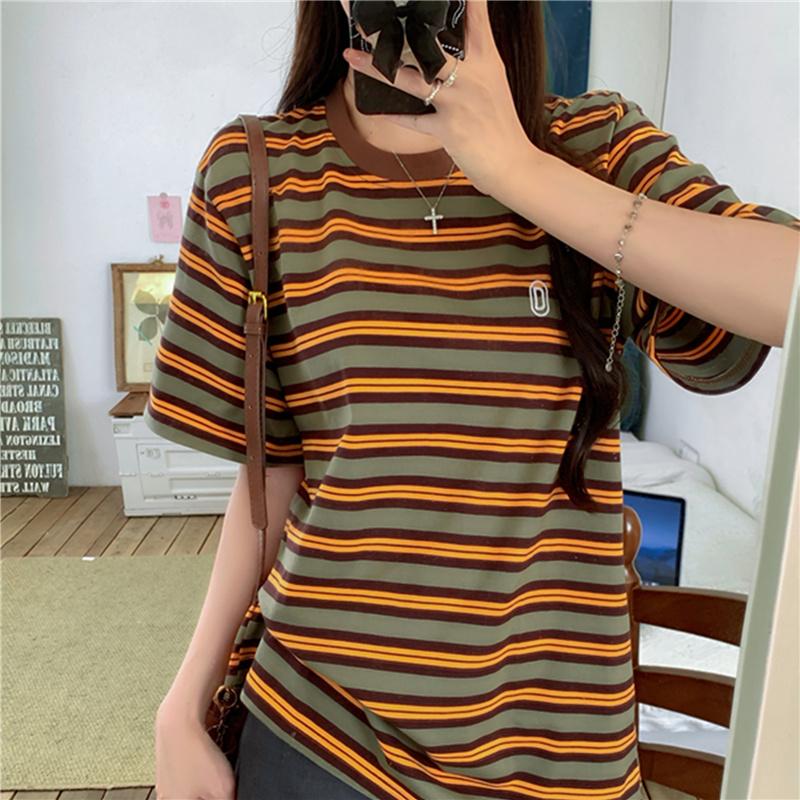 2025 летние простые футболки с коротким рукавом для женщин, модные повседневные свободные базовые футболки в синюю полоску, футболки для студентов в стиле Харадзюку, кавайные, топы для улиц y2k