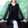 Spring Large Size Lace Bottoming Shirt Middle Aged Mother Long Sleeve V-Neck Tops Loose Mid-Lentgh Women T-Shirt
