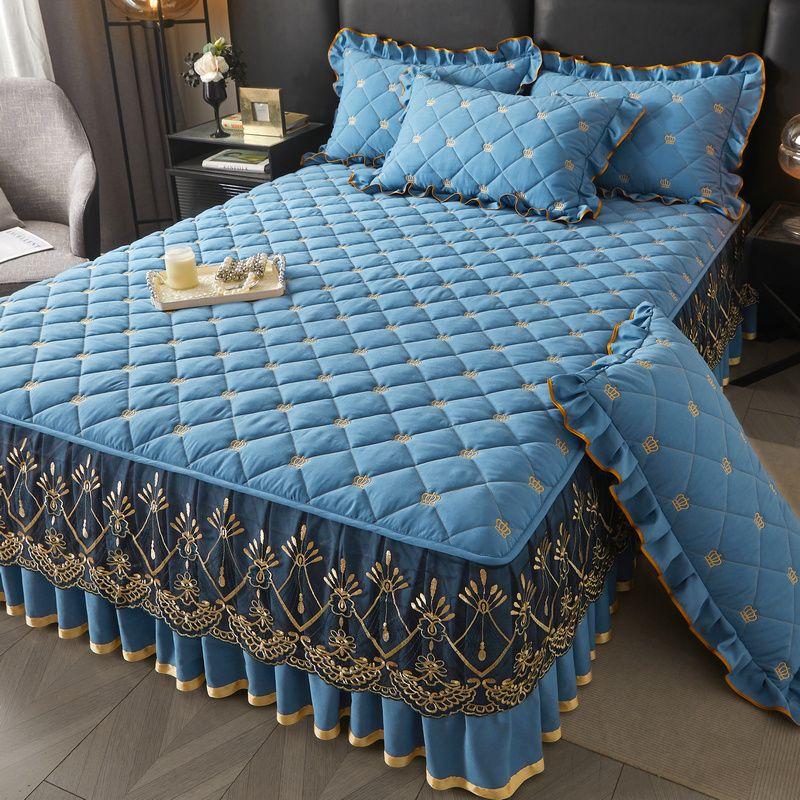 Комплект из 3 предметов: Корейская юбка для кровати принцессы, Европейское кружевное покрывало с наволочками, Современный вышитый кружевной протектор для постельного белья