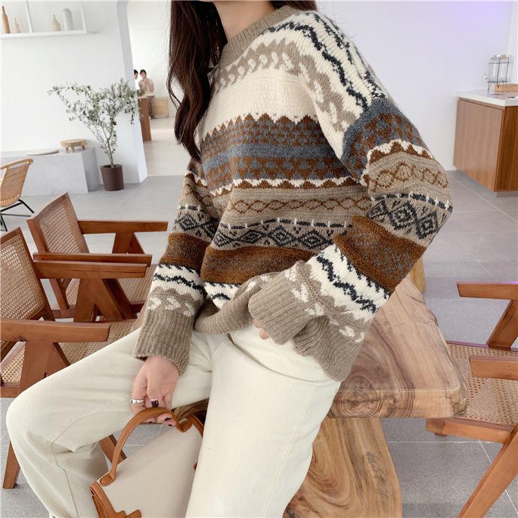 Retro Plus Size Sweater for WomenAutumn and Winter Loose Round Neck Outer Knitted Sweater