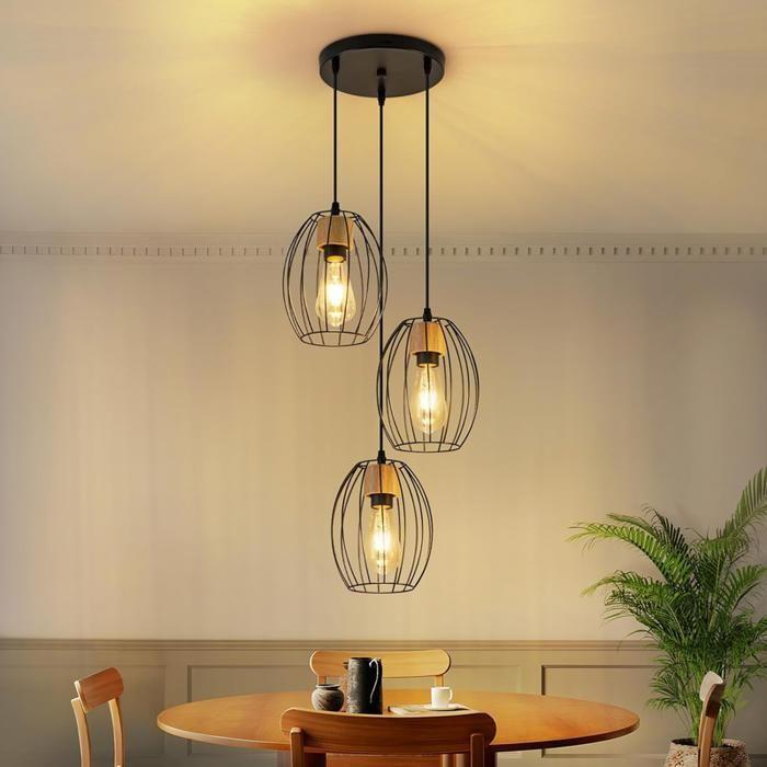 Suspension - NETTLIFE - Vintage 3 lumières - Noir - Métal et bois - Douille E27