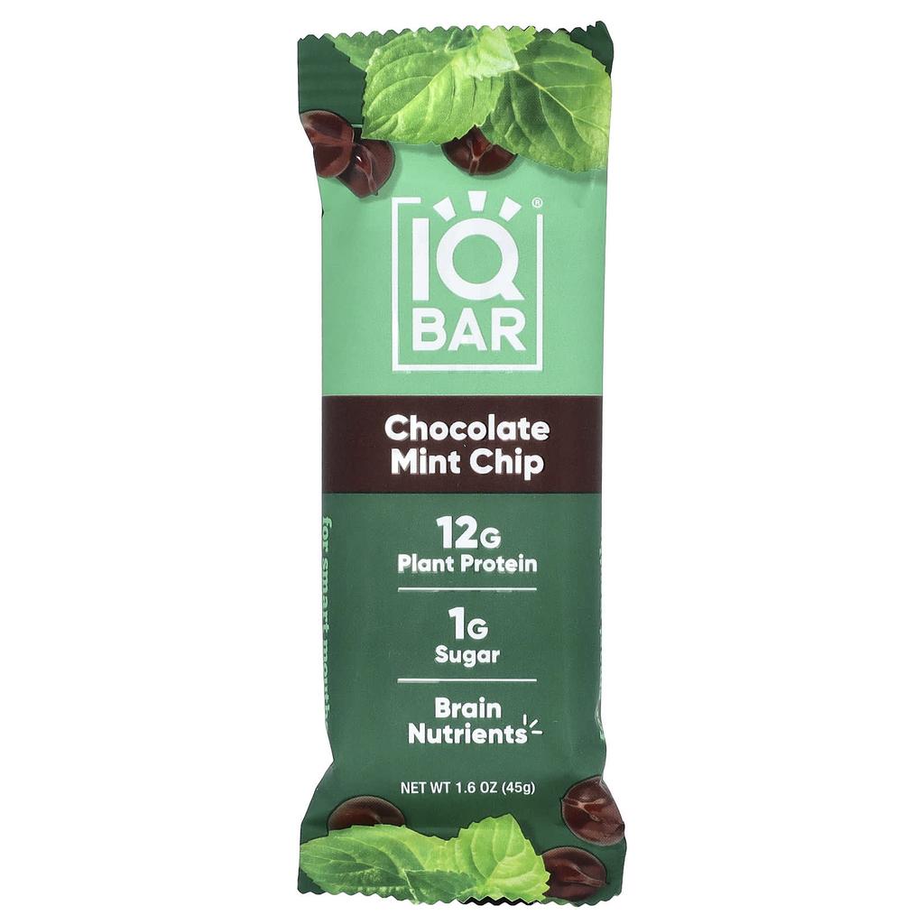 IQBAR Plant Protein Bar, Chocolate Mint Chip, 12 Bars, 45g (1.6oz) Each