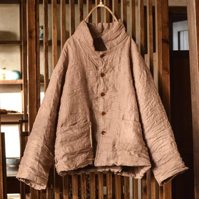 Женские парки в полоску в китайском стиле, весенние пальто на пуговицах, одежда с длинными рукавами, винтажные свободные парки