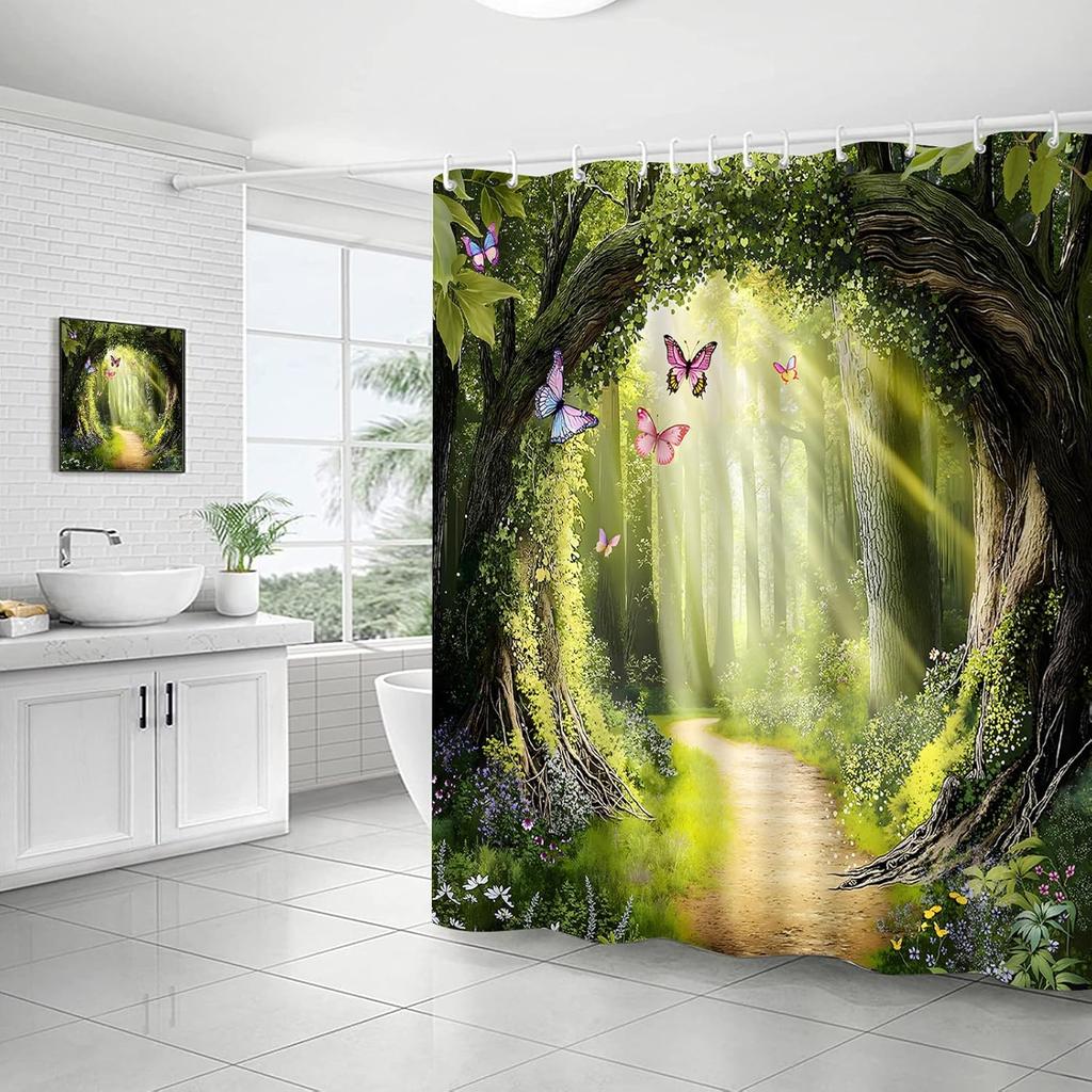 Enchanted Forest Shower Curtain Fantasy Green Nature Tree Floral Butterfly Fairytale Wonderland Jungle Rainforest Natural