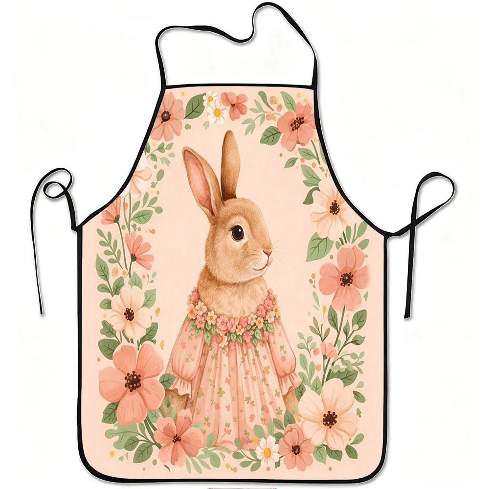 One Cute Bunny Apron with a Floral Design, Made from Durable And Easy-To-Clean Polyester, Featuring an Adjustable Waistband, Perfect for Cooking in Th