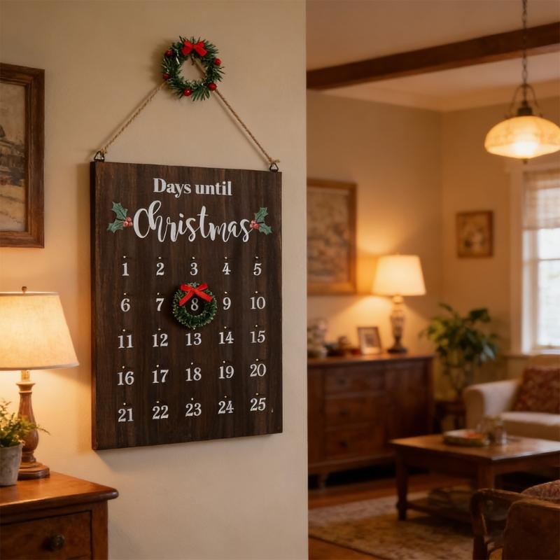 Artisanal Oaken Christmas Clock Calendar Wall Suspended For Kids Participatory Holiday Activity